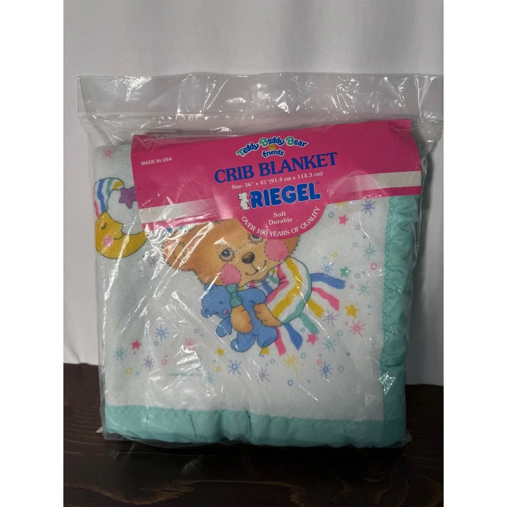 VTG Riegel Teddy Beddy Bear Friends Crib Blanket Satin / Nylon Trim‎ 36x45 NEW